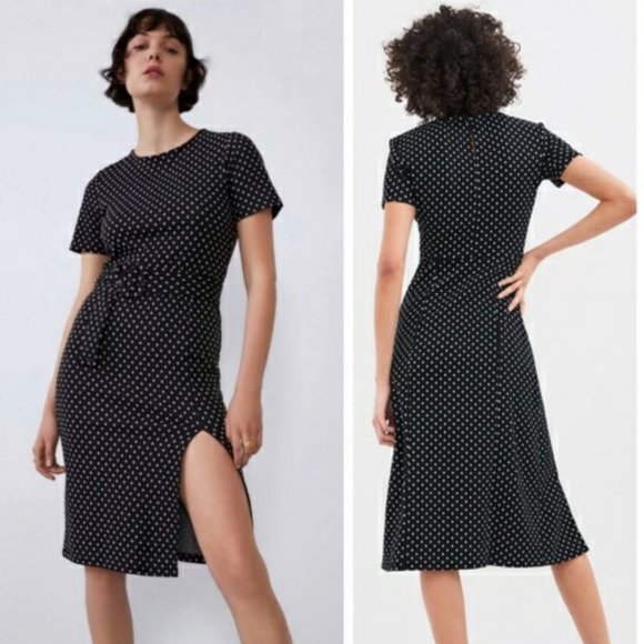 Zara Dresses & Skirts - ZARA Bodycon Dress, Black White Polka Dot Belt Short Sleeve, M